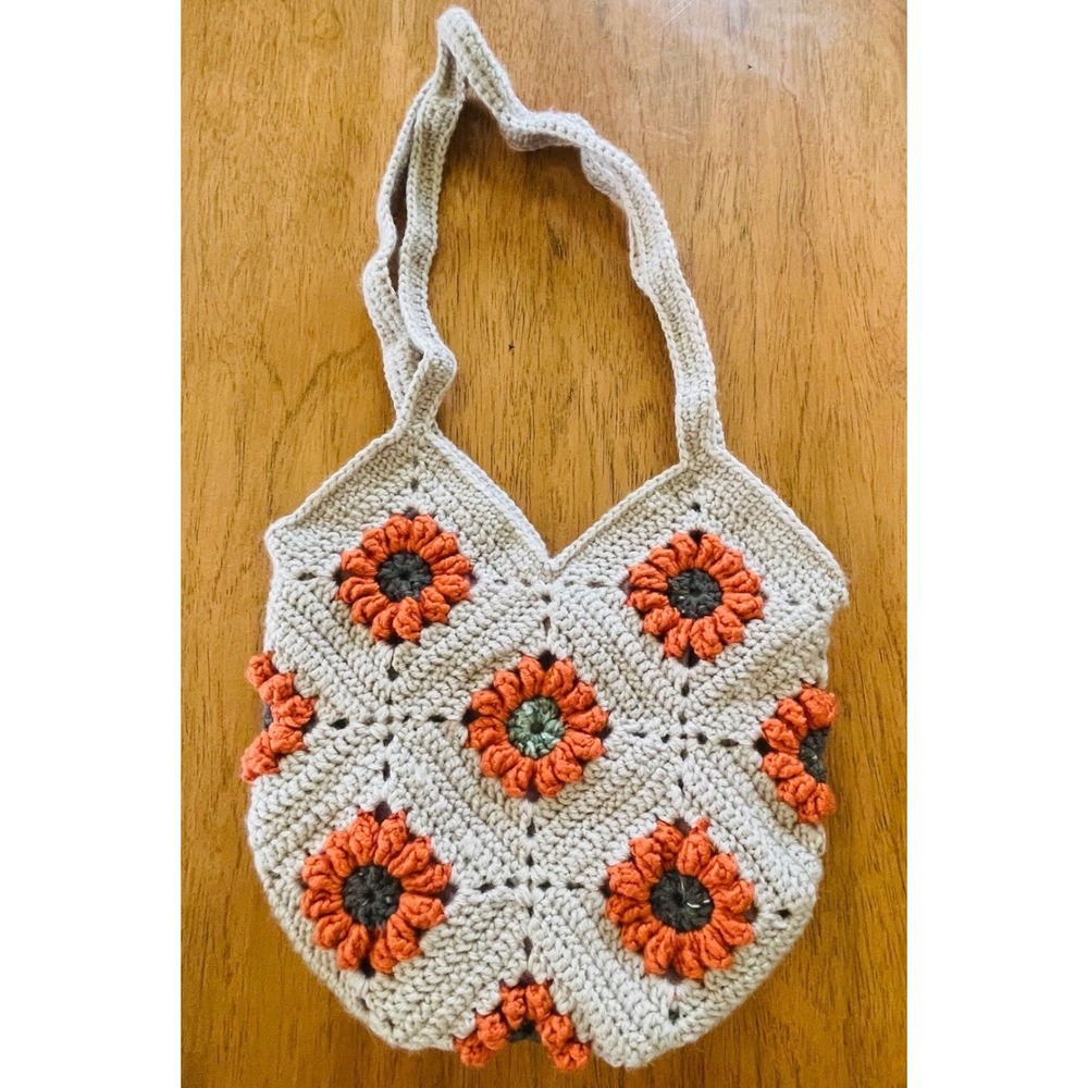 Handmade Crochet Sunflower Shoulder Bag Lined Granny Tan Gray Yarn Cottagecore